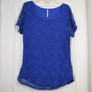 Leo & Nicole Lace Overlay Top Women XL Pullover Blue Casual Coastal Cottagecore